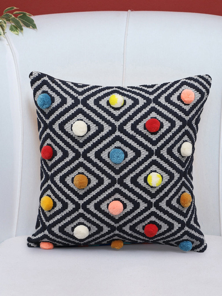 Acoustic Navy, White & Multi Cotton  Geometric Cushion Cover with Pompoms (16x16in)