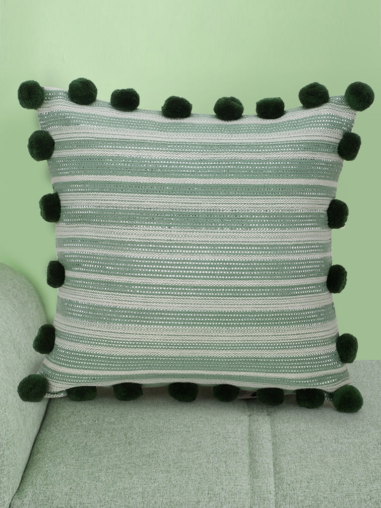 Dazzle Green & Silver Cotton Lurex Striped Cushion Cover with Pompoms (16x16in)