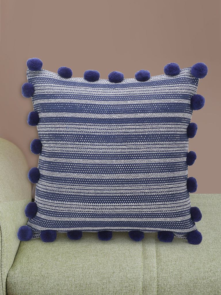 Dazzle Navy Blue & Silver Cotton Lurex Striped Cushion Cover with Pompoms (16x16in)