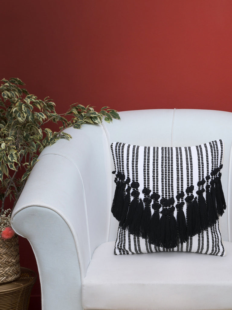 Droplet White & Black Cotton Canvas  Striped Cushion Cover with Tassels (16x16in)