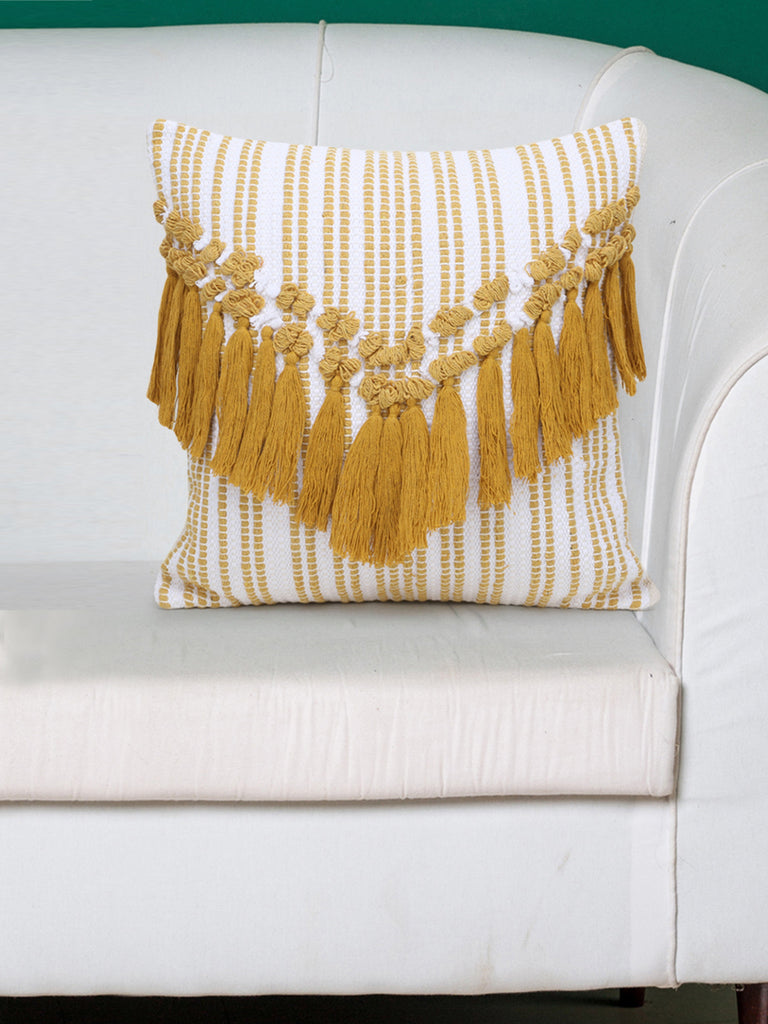 Droplet White & Mustard Cotton Canvas  Striped Cushion Cover with Tassels (16x16in)