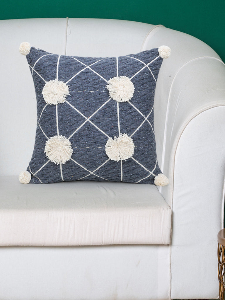 Indigo Blue Grey & Natural Cotton  Geometric Cushion Cover with Pompoms (16x16in)