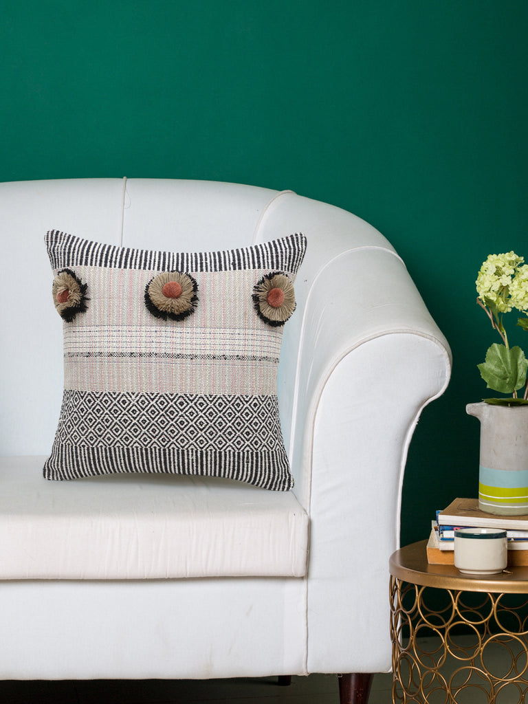 Acoustic Cedar & Black Cotton Jacquard  Geometric Cushion Cover with Pompoms (14x14in)