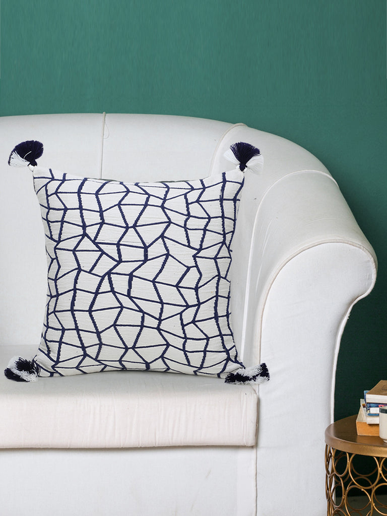 Indigo Natural & Navy Polycotton Abstract Cushion Cover with Tassels (16x16in)