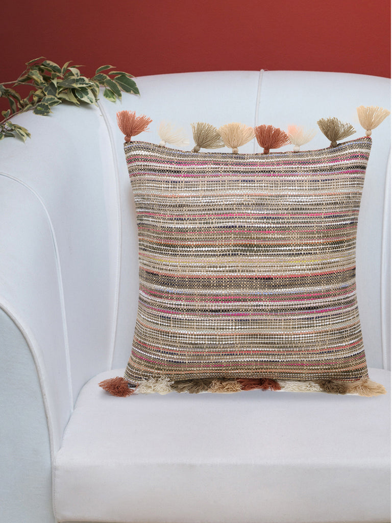 Stave Brown & Multi Cotton Acrylic Striped Cushion Cover with Tassels (16x16in)