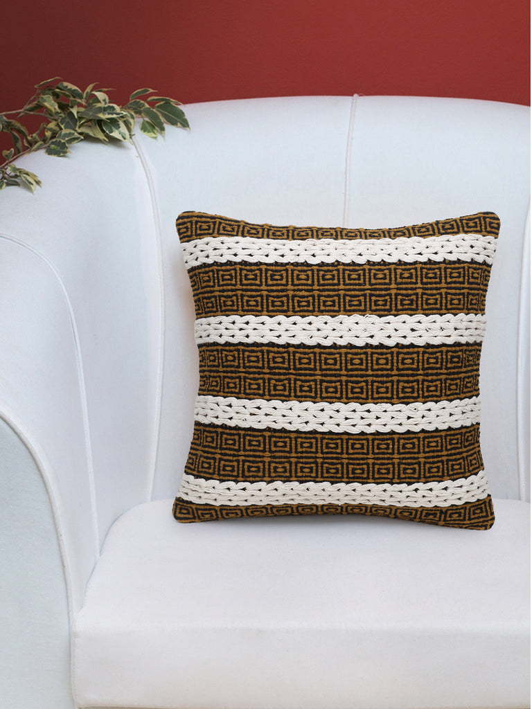 Natural & Mustard Cotton Jacquard Cushion Cover with Striped Pattern (18x18in)