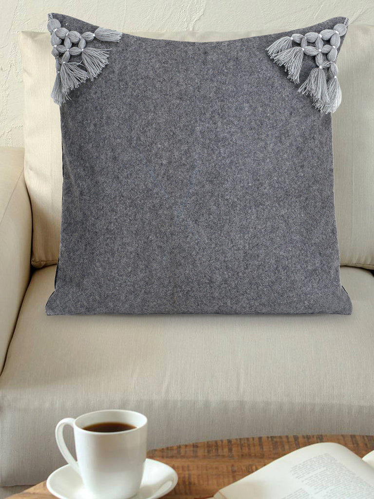 Motley Grey Pure Wool Solid Self Design Tasselled Cushion Cover (16"x16")