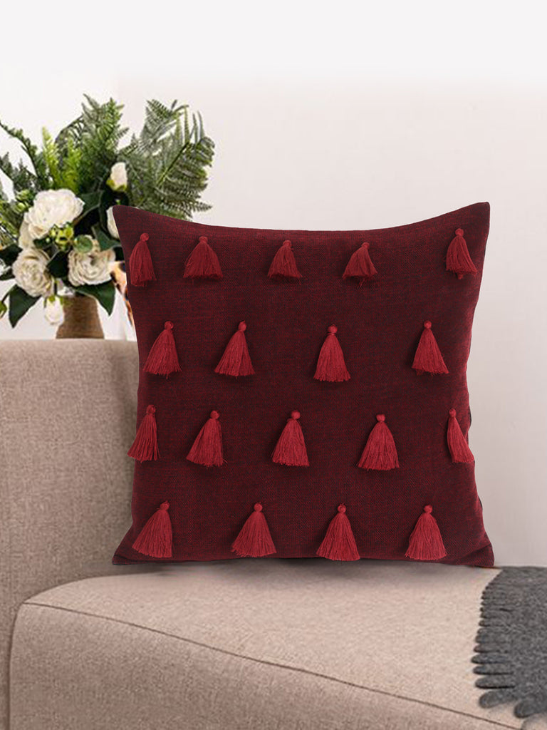 Droplet Wine Cotton Velvet Solid Self Design Tasselled Cushion Cover (16"X16")