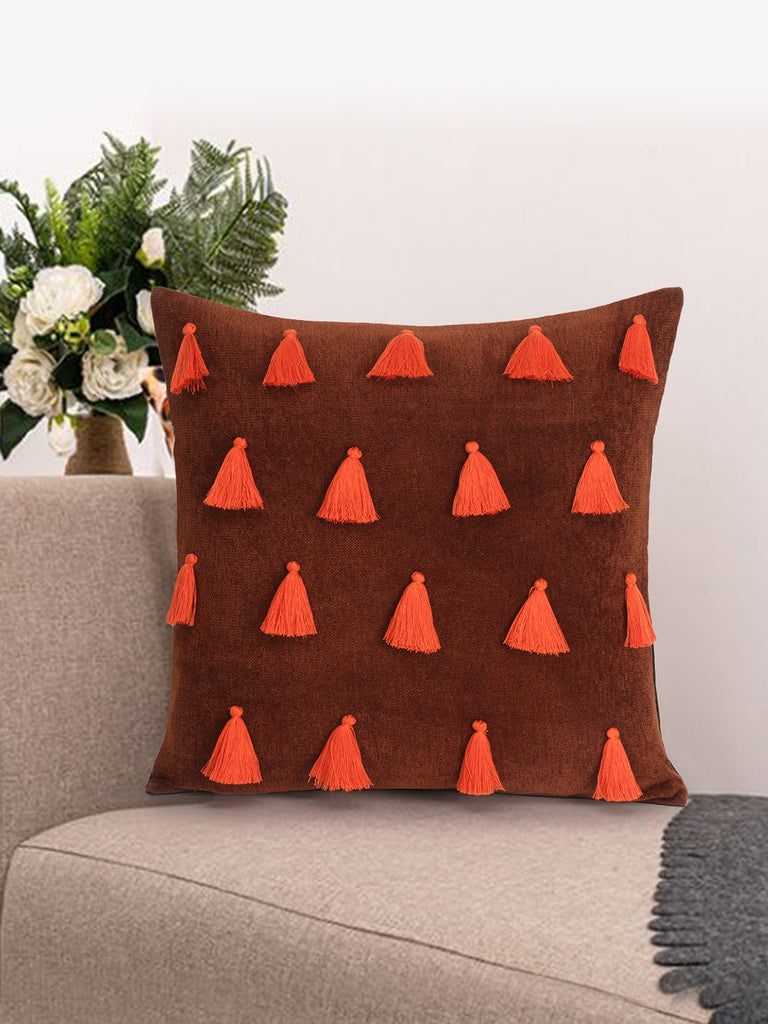 Droplet Rust & Orange Cotton Velvet Solid Self Design Tasselled Cushion Cover (16"X16")