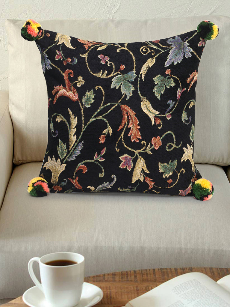 Nomad Black & Multi Polycotton Jacquard Floral Pompom Cushion Cover (16"x16")