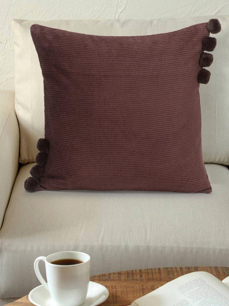 Motley Chocolate Brown Cotton Corduroy Striped Pompom Cushion Cover (16"x16")