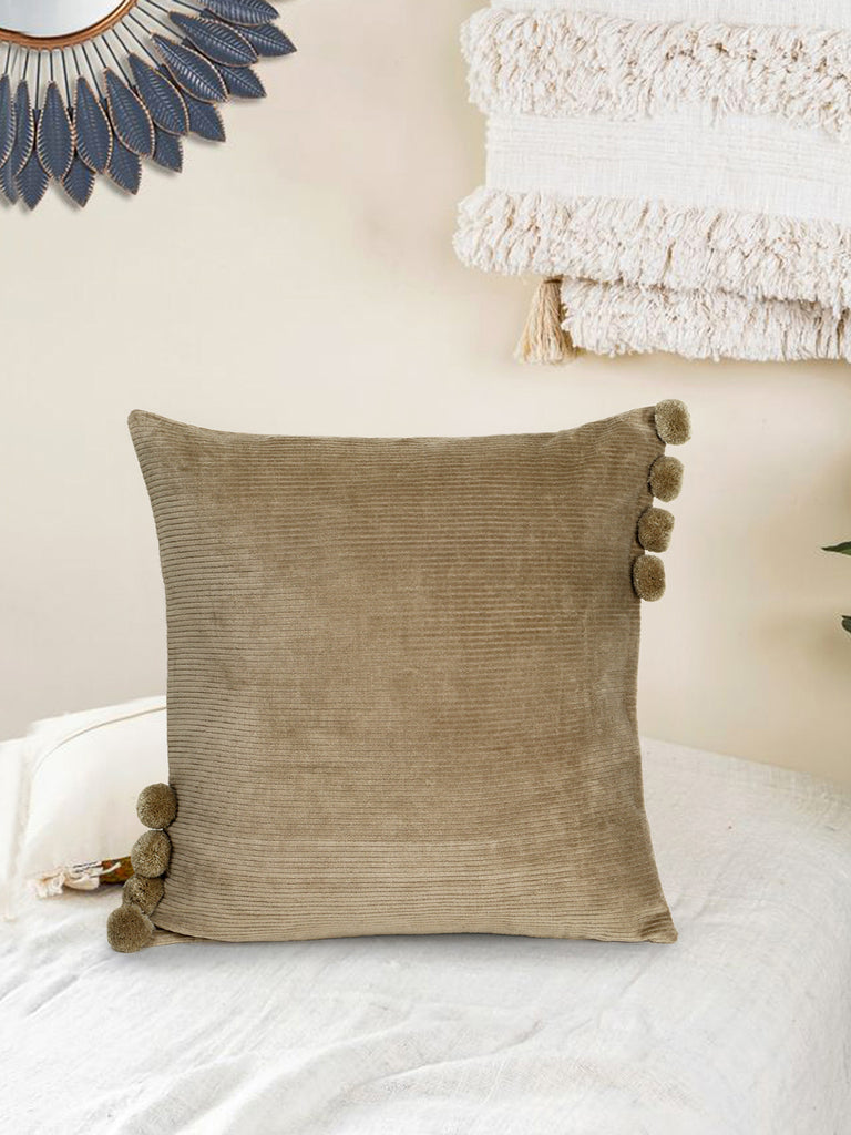 Motley Khaki Cotton Corduroy Striped Pompom Cushion Cover (16"x16")