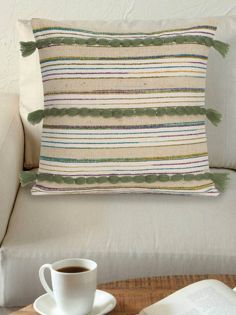 Stave Natural & Green Cotton Handloom Self Design Tasselled Cushion Cover (16"x16")