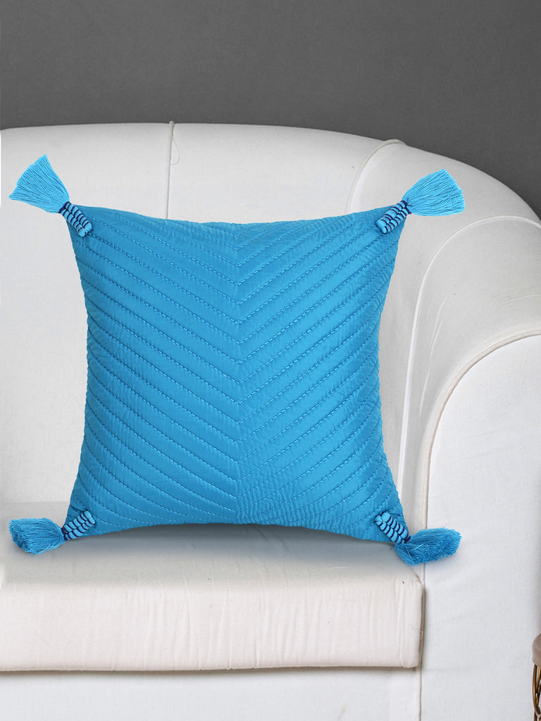 Rasta Blue Polyester Quilted Geometric Tasselled Cushion Cover (12"x12")