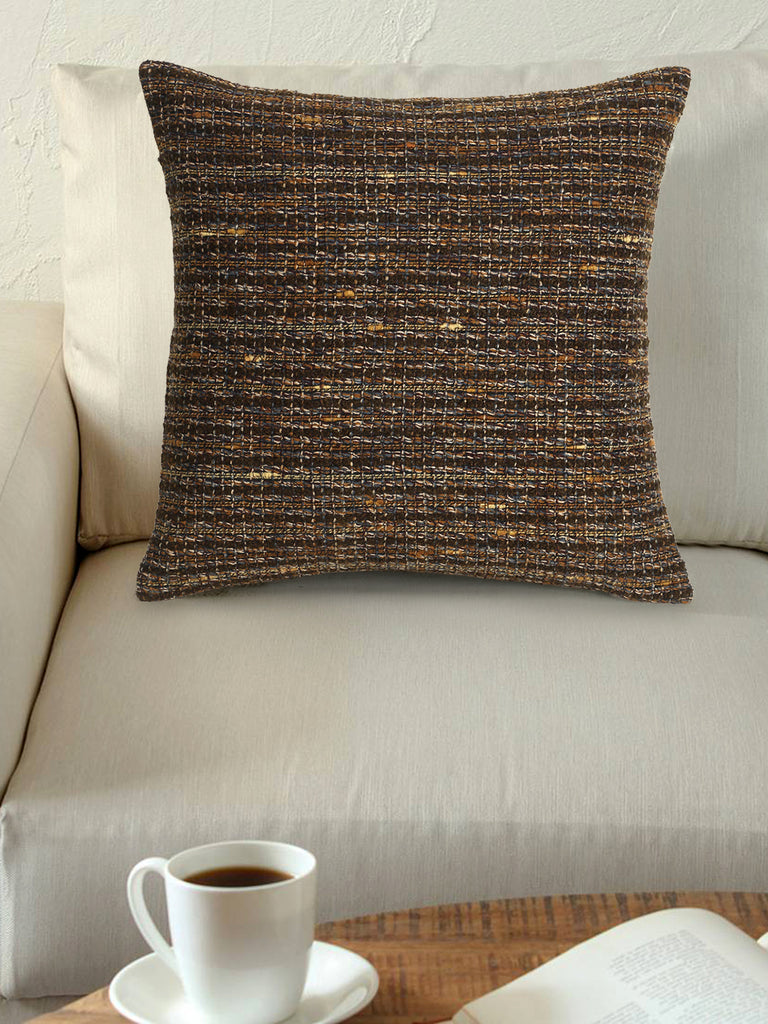 Motley Brown & Multi Wool Acrylic Striped Textured Cushion Cover (16"x16")