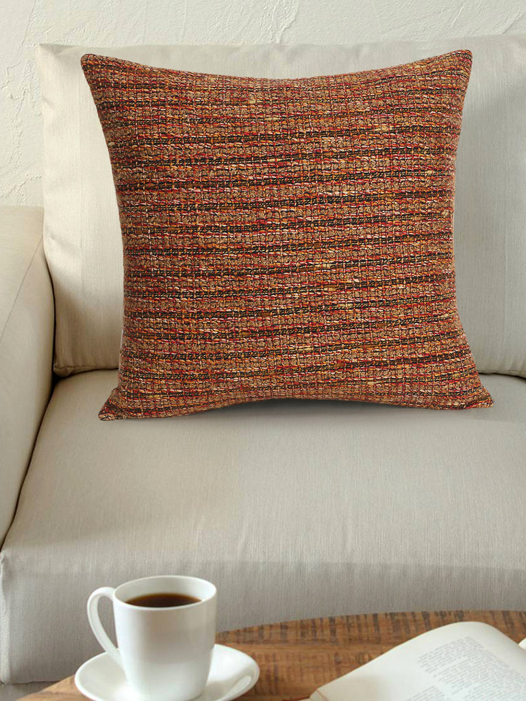 Motley Rust & Orange Wool Acrylic Striped Textured Cushion Cover (16"x16")