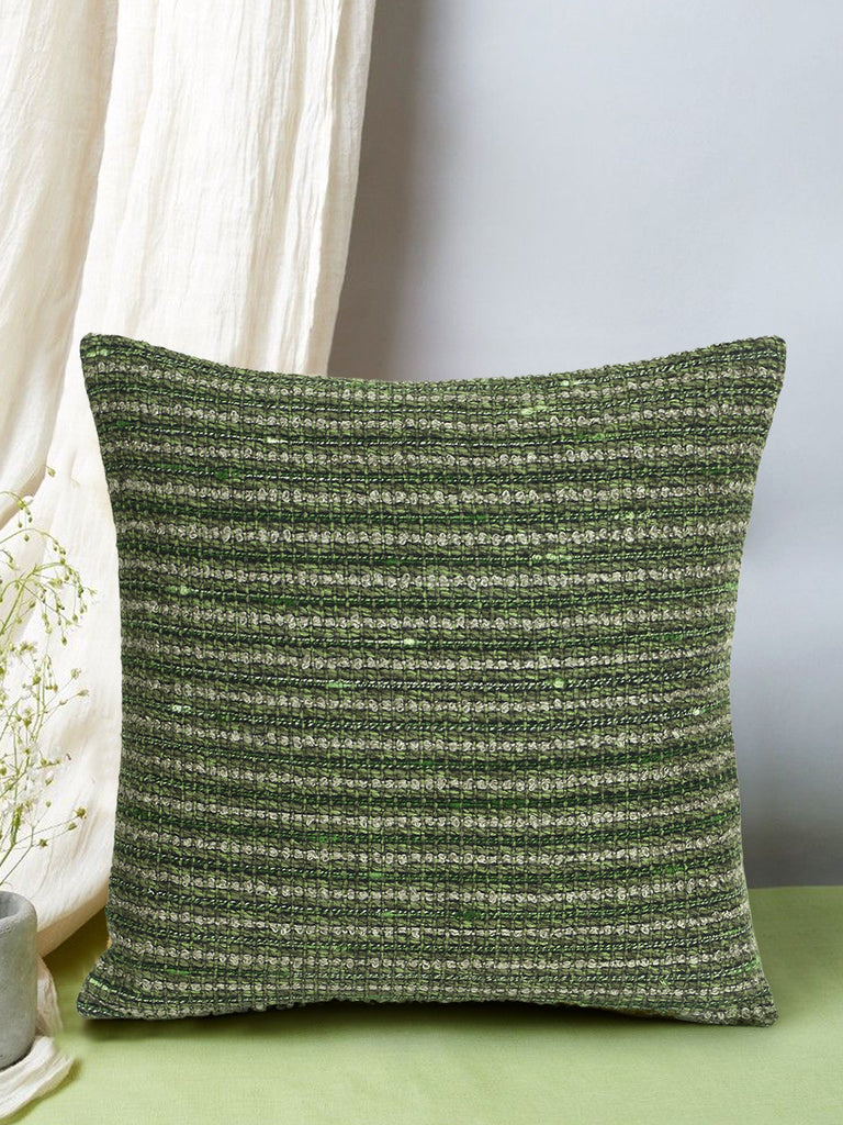 Motley Green Wool Acrylic Striped Textured Cushion Cover (16"x16")