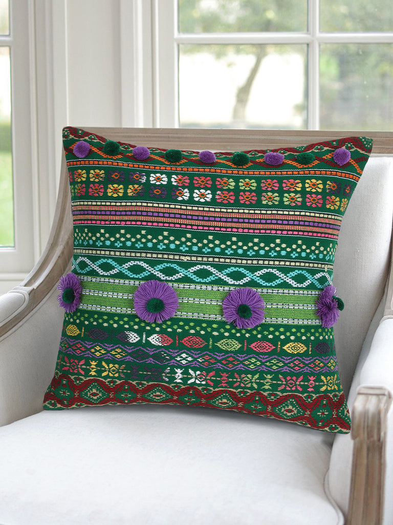 Tribal Green & Multi Acrylic Jacquard Pompom Cushion Cover (16"x16")