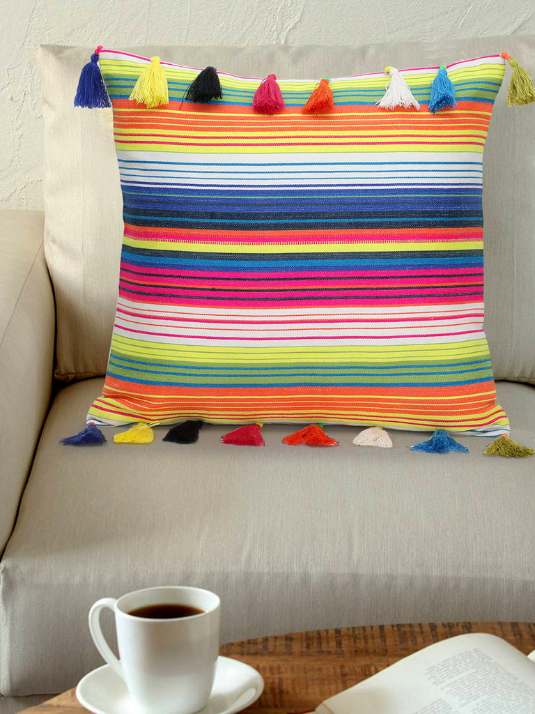 Droplet Flurocent Multi Polycotton Striped Tasselled Cushion Cover (16"x16")