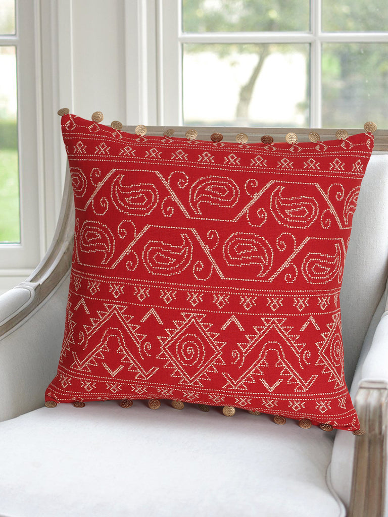 Tribal Red & Gold Cotton Jacquard Ethnic Motifs Embellished Cushion Cover (16"x16")