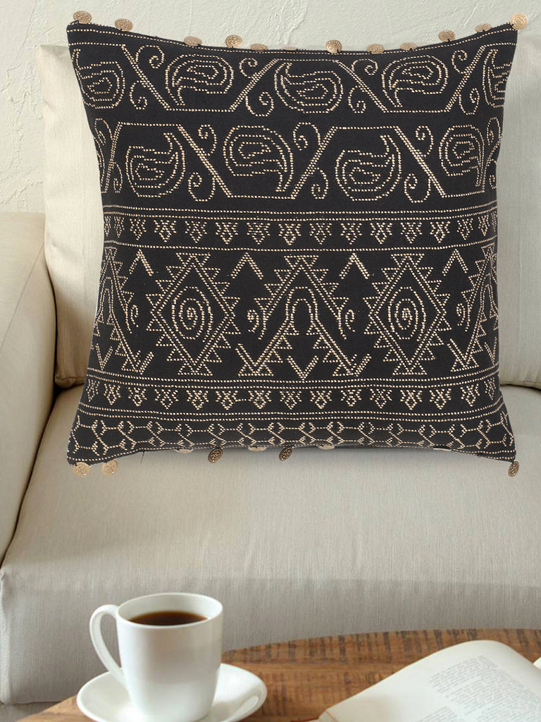 Tribal Black & Gold Cotton Jacquard Ethnic Motifs Embellished Cushion Cover (16"x16")