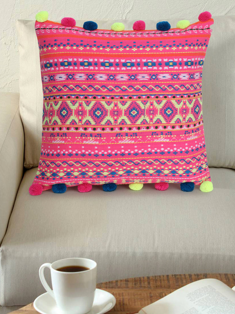 Tribal Pink & Multi Acrylic Jacquard Pompom Cushion Cover (16"x16")