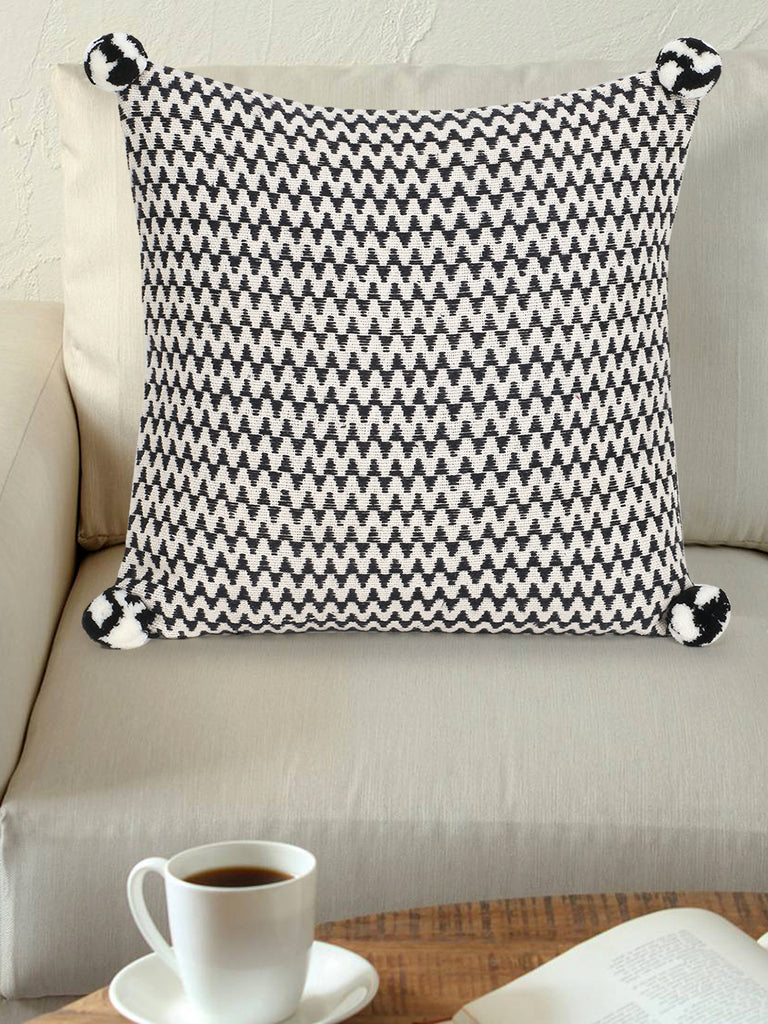 Acoustic Black & White Cotton Jacquard Chevron Pompom Cushion Cover (16"x16")