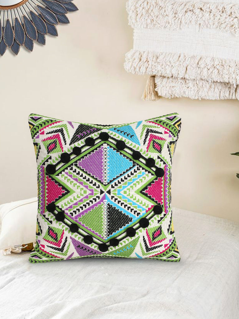 Tribal Green & Multi Acrylic Jacquard Pompom Cushion Cover (16"x16")