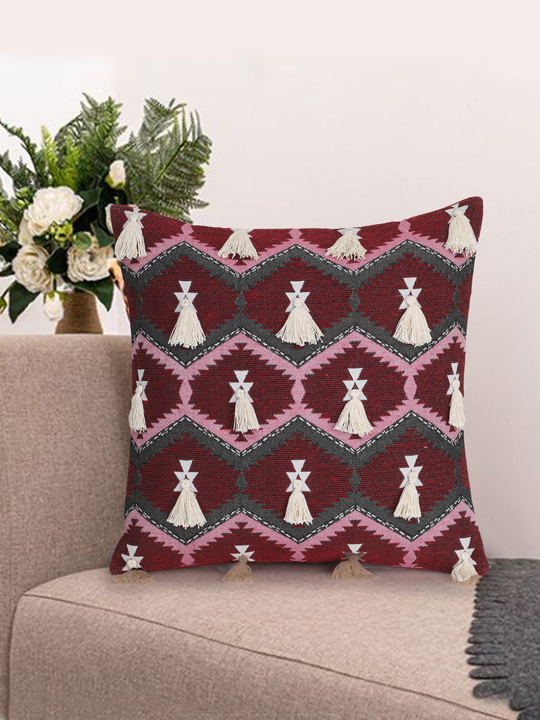 Droplet Maroon & Cream Polycotton Jacquard Tasselled Cushion Cover (16"x16")