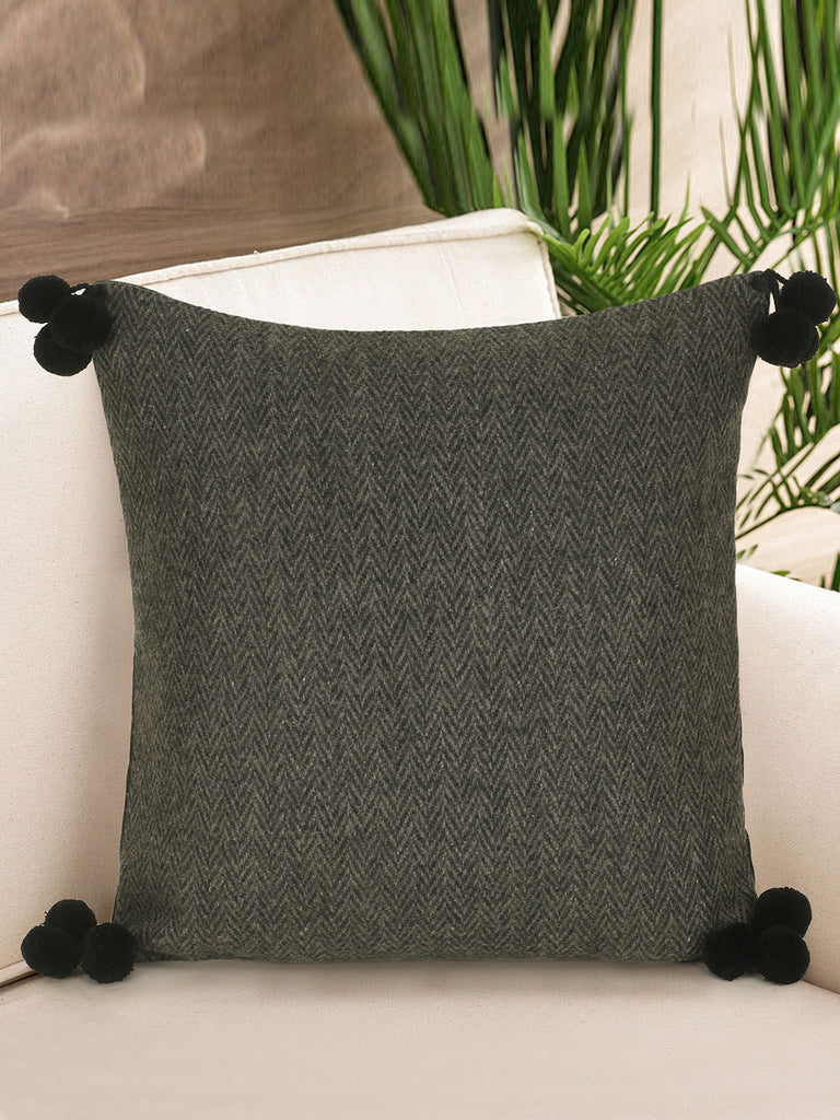 Motley Grey Wool Solid Self Design Pompom Cushion Cover (16"x16")