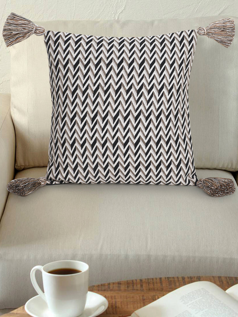 Acoustic Natural & Multi Polycotton Jacquard Chevron  Tasselled Cushion Cover (16"x16")