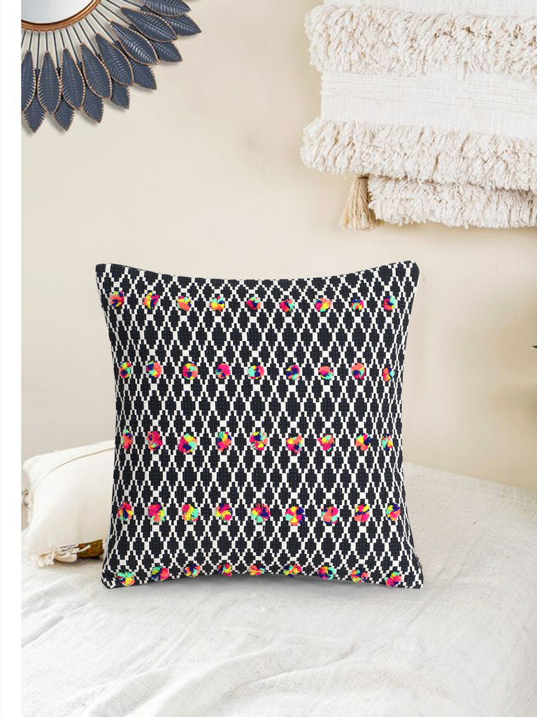 Acoustic Black, White & Multi Cotton Jacquard Quirky Pompom Cushion Cover (16"x16")