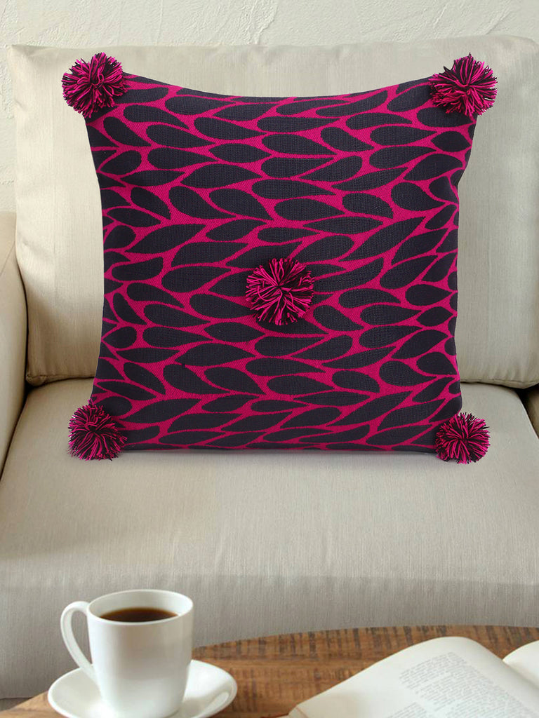 Nomad Pink & Black Polyester Jacquard Quirky Pompom Cushion Cover (16"x16")