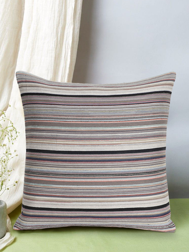 Stave Taupe & Multi Cotton Striped Jacquard Textured Cushion Cover (16"x16")