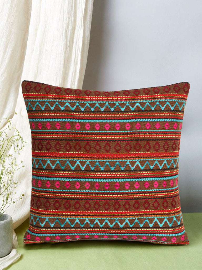 Stave Brown & Multi Acrylic Jacquard Textured Cushion Cover (16"x16")