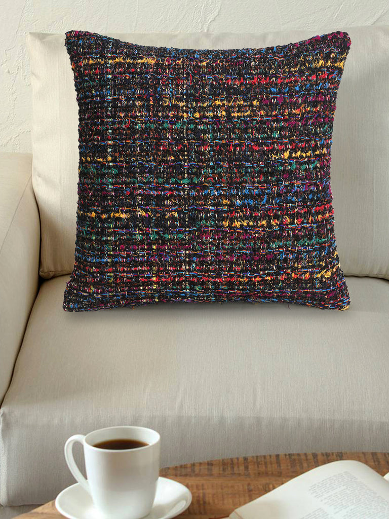 Motley Black & Multi Wool Self Design Zari Cushion Cover (16"x16")