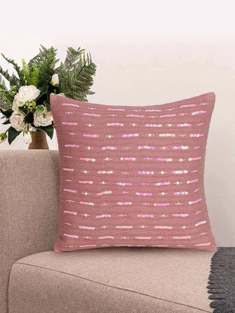 Dazzle Dusty Pink Cotton Handloom Striped Embellished Cushion Cover (16"x16")