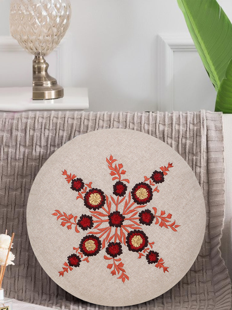 Rustic Natural & Red Cotton Floral Embroidered Cushion Cover (16")