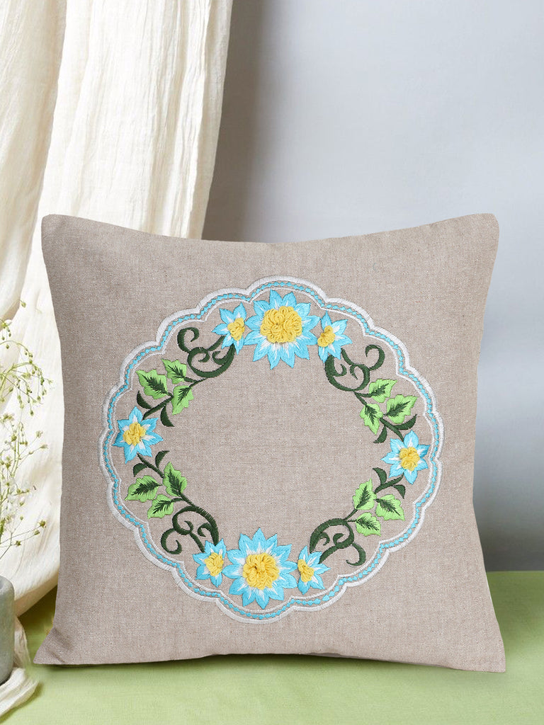 Rustic Natural & Multi Cotton Floral Embroidered Cushion Cover (16"X16")