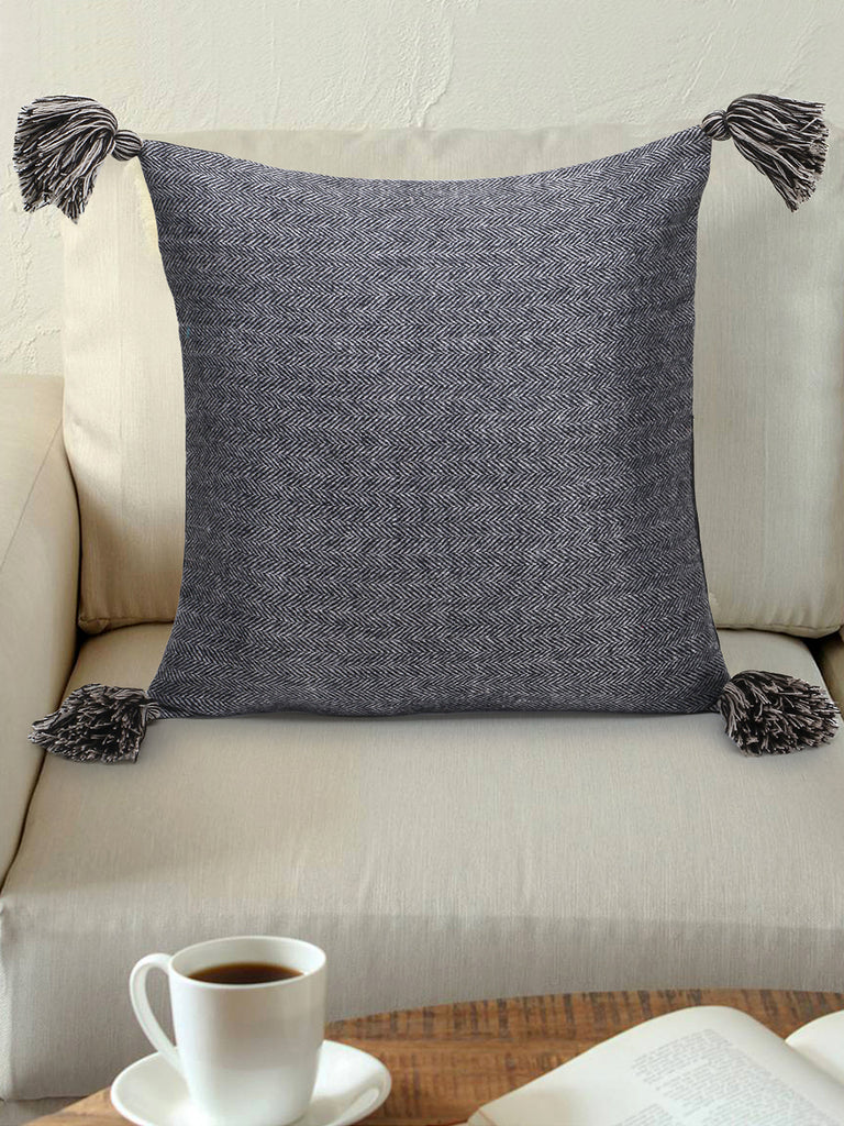 Motley Grey & Black Wool Self Design Tasselled Cushion Cover (16"X16")