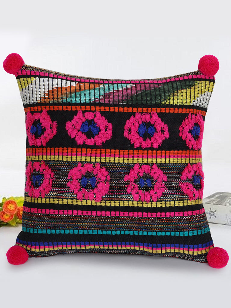 Tribal Pink & Multi Acrylic Jacquard Pompom Cushion Cover (12"X12")