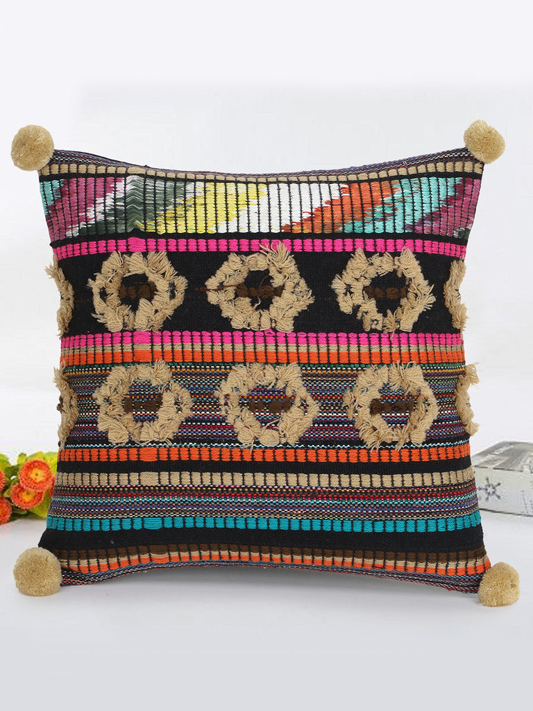 Tribal Beige & Multi Acrylic Jacquard Pompom Cushion Cover (12"X12")