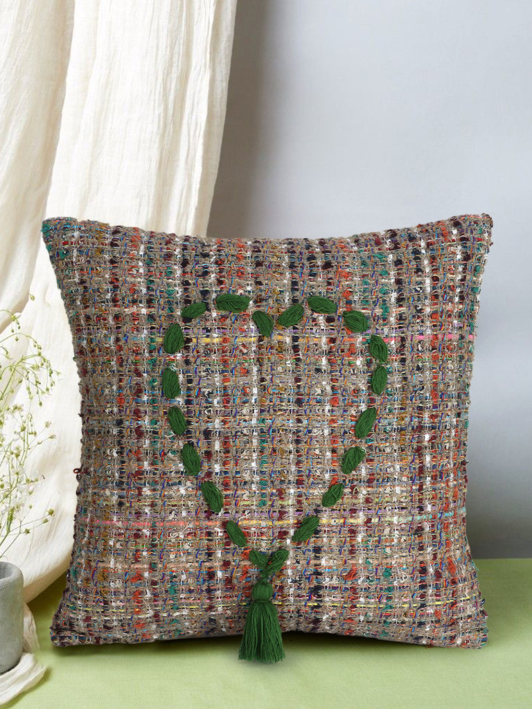 Motley Green & Multi Wool Quirky Tasselled/ Cushion Cover with Zari (16"X16")