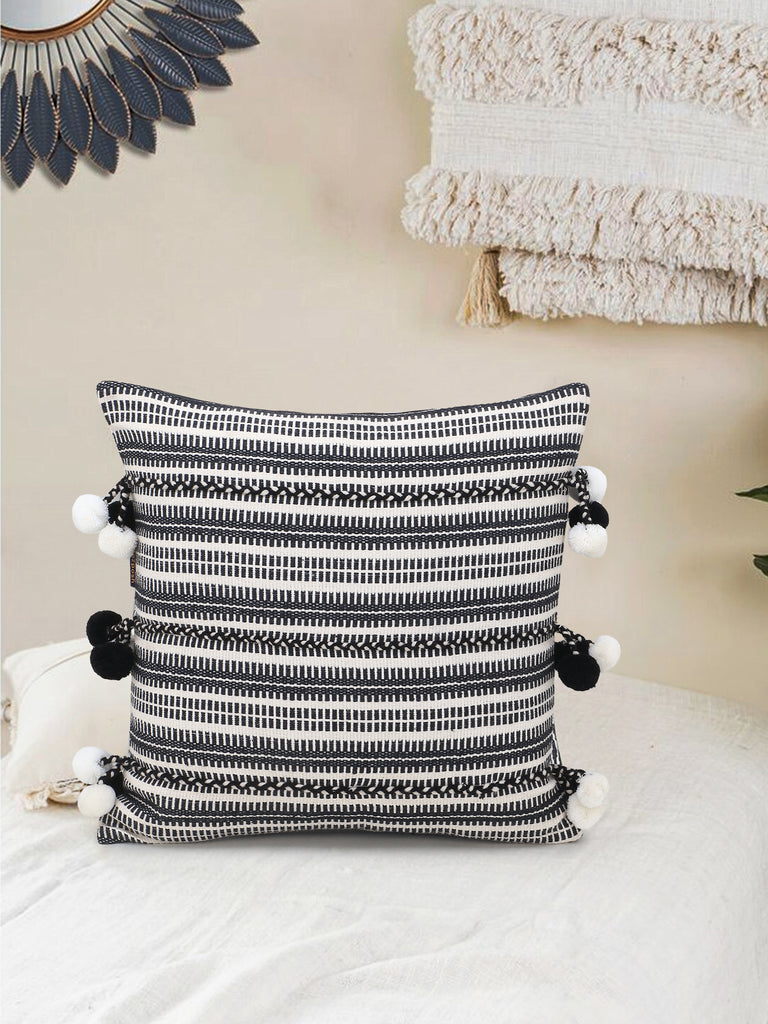 Natural & Black Polycotton Jacquard Striped Cushion Cover with Pompoms (16x16in)