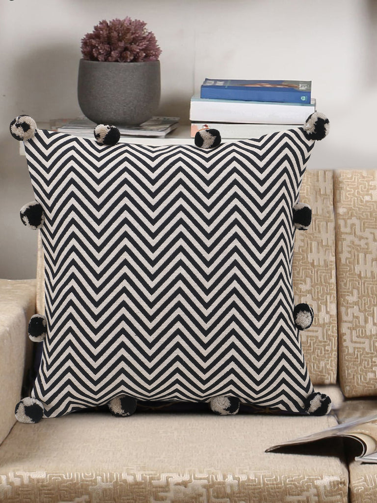 Beige & Black Canvas Polycotton Jacquard Chevron Cushion Cover with Pompoms (16x16in)