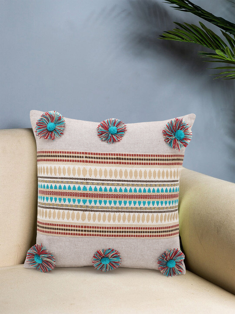 Beige & Multi Polycotton Chambray & Jacquard Colorblocked & Striped Cushion Cover with Pompoms (16x16in)