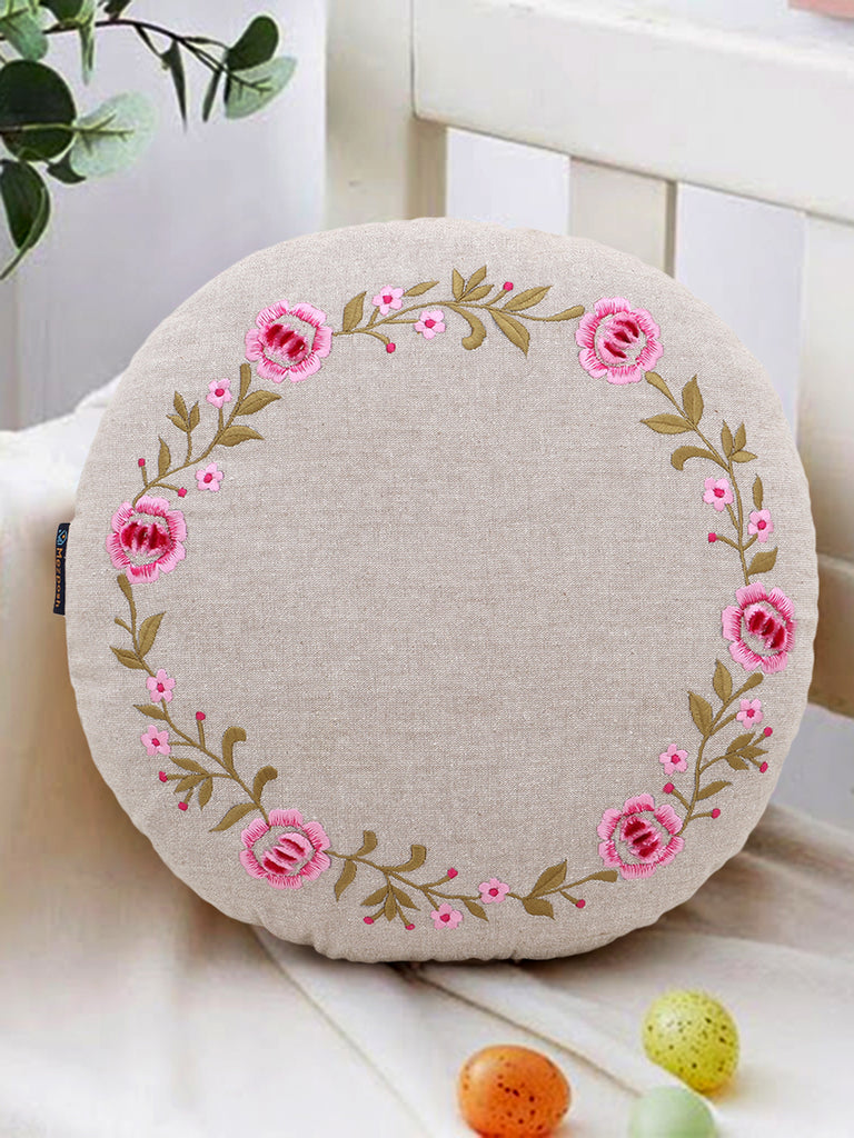 Rustic Natural and Pink Cotton Chambray Floral Embroidered Cushion Cover (16 Dia)