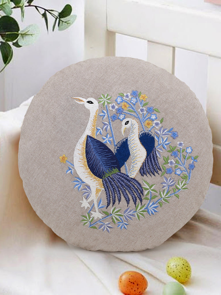 Rustic Natural and Blue Cotton Quirky Bird Embroidered Cushion Cover (16 Dia)