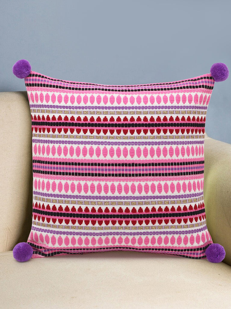 Pink & Multi Acrylic Jacquard Striped Cushion Cover with Pompoms (16x16in)