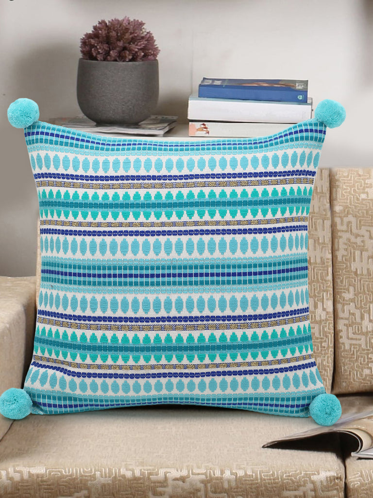 Sea Green & Multi Acrylic Jacquard Striped Cushion Cover with Pompoms (16x16in)